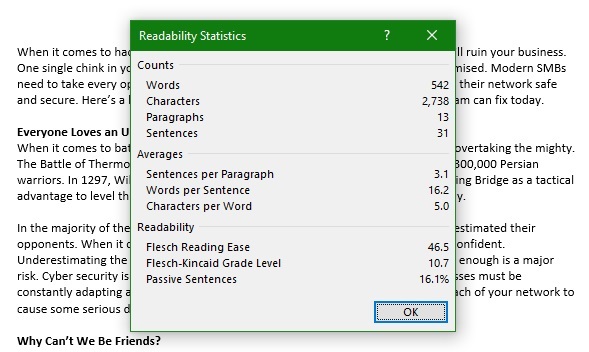 readability statistics chart