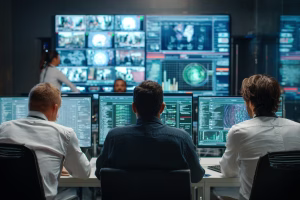 security team reviewing phishing testing results and risk metrics