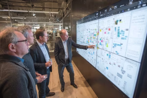 Executive team reviewing a digital transformation roadmap on a large screen