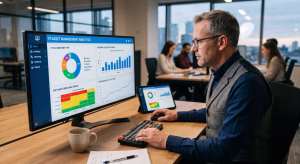 IT manager reviewing asset IT management software analytics dashboard