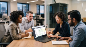 IT team selecting asset IT management software on a laptop