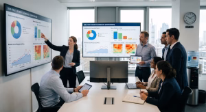 Corporate IT team reviewing zero-trust security metrics and dashboards
