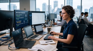 IT professional performing a zero-trust security system check on company devices