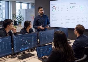 IT professional monitoring cloud security dashboard