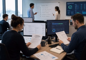 Business team reviewing cloud infrastructure security reports